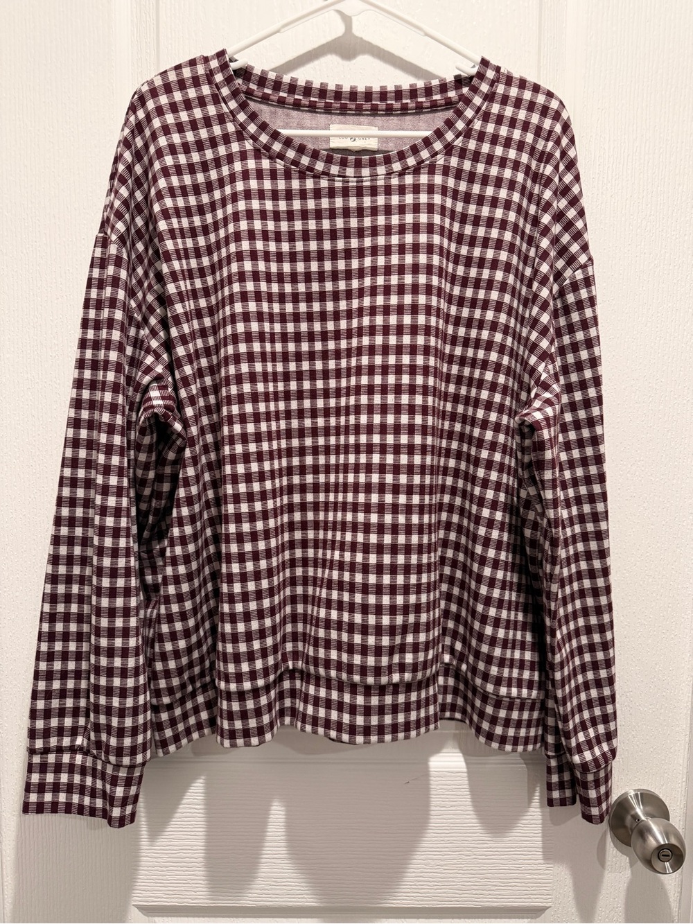 Lou & Grey Burgundy Gingham Oversized Soft Knit Top XL Cottagecore Plaid